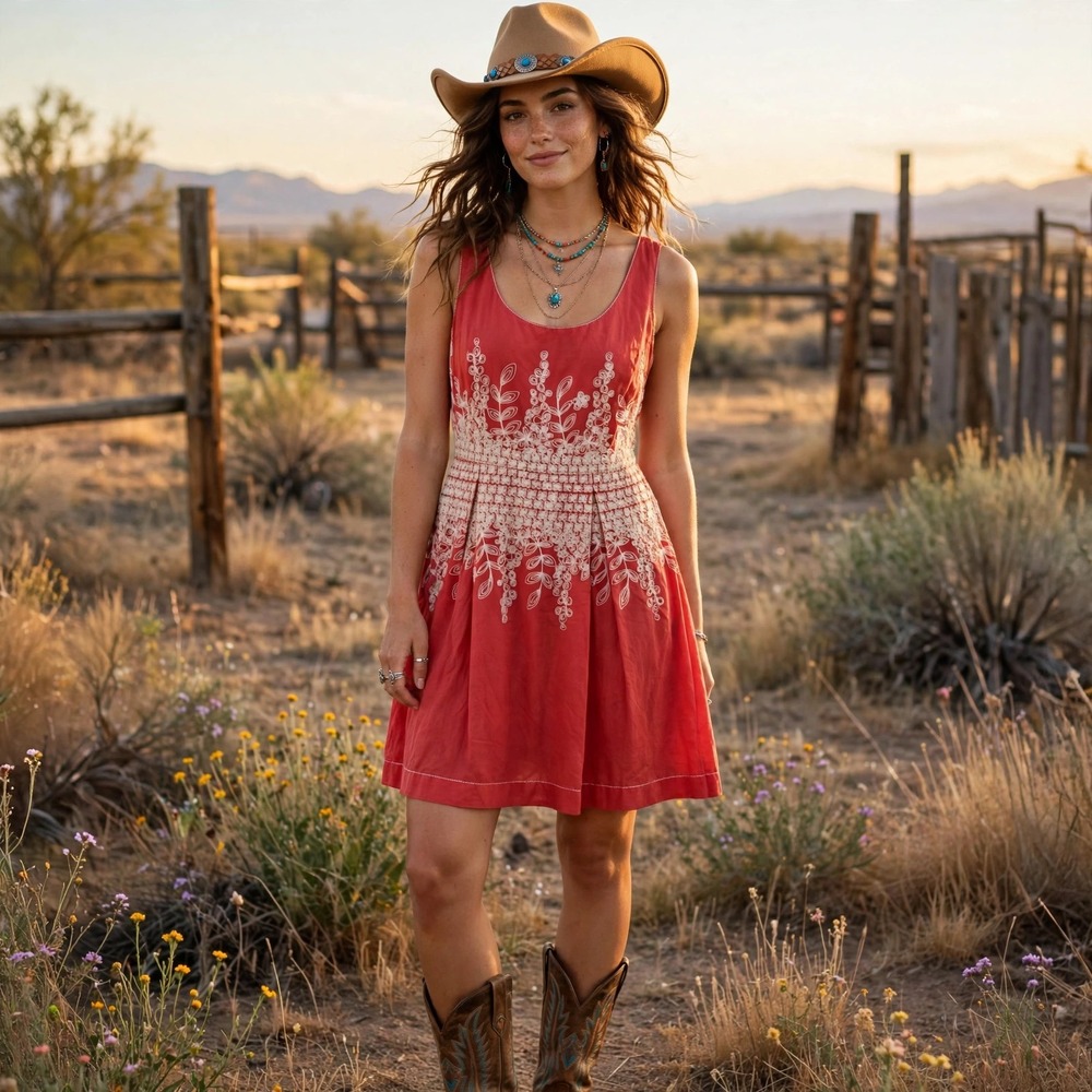Sophie Max Coral Sleeveless Dress with White Floral Design